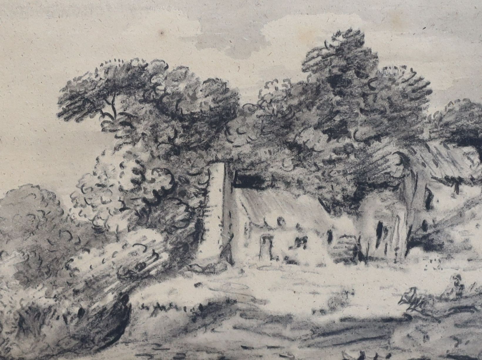 Dr Thomas Munro (1759-1833), Cottage and trees in a landscape and Tree and fence in a landscape, charcoal and wash, a pair, 15 x 20cm and 15.5 x 21cm